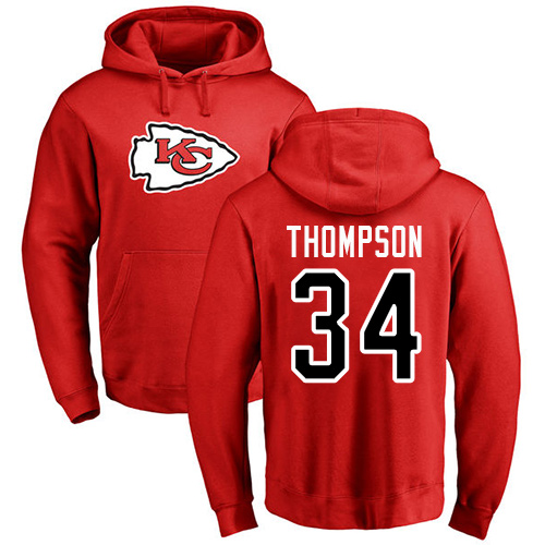 Men Kansas City Chiefs #34 Thompson Darwin Red Name and Number Logo Pullover Hoodie